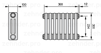 Схема (чертеж) Радиатор Zehnder Charleston 3030/8 №7610 Белый глянцевый RAL 9016
